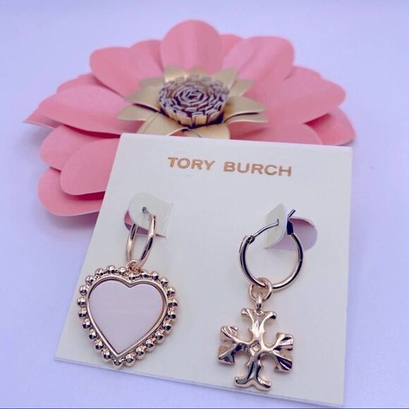 NWOT Tory Burch Gold Mix Match Heart & Double T Hoop Earrings - Picture 5 of 9